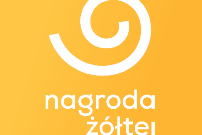Grafika przedstawia logotyp: biały zawijas oraz tekst z napisem „nagroda żółtej ciżemki” na żółtym tle