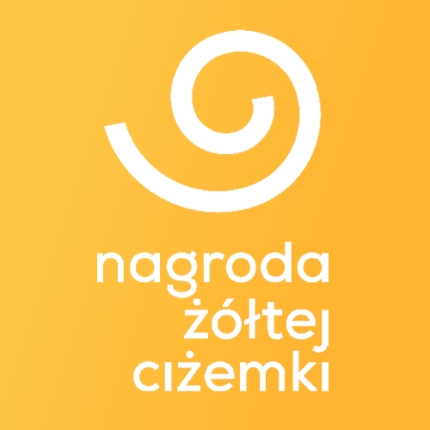 Grafika przedstawia logotyp: biały zawijas oraz tekst z napisem „nagroda żółtej ciżemki” na żółtym tle