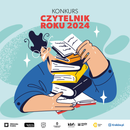 Czytelnik Roku 2024 - grafika osoby trzymającej w rękach stos książek